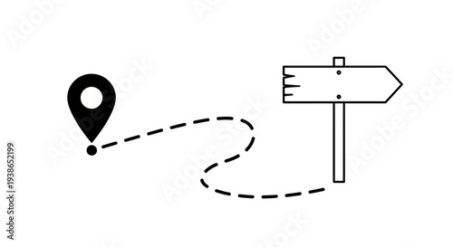Conceptual graphic illustrating a path, showing a map pin marker connected by a winding dashed line to a blank wooden signpost, symbolizing journey, navigation, and wayfinding