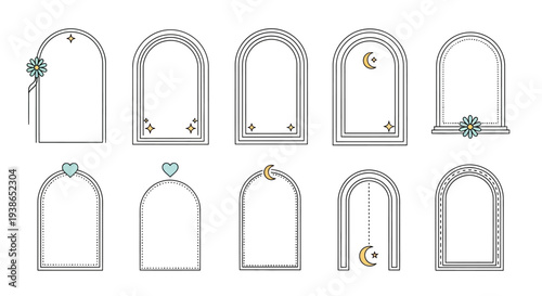 Diverse Set of Decorative Arched Vector Frames and Borders, Ideal for Elegant Invitations, Social Media Graphics, Branding, and Creative UI Design Projects