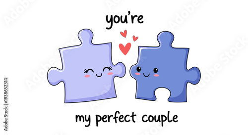Adorable cartoon jigsaw puzzle pieces perfectly fit together, symbolizing a sweet and loving couple with hearts floating in a heartwarming romantic illustration