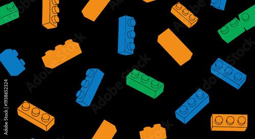 Vibrant arrangement of colorful construction blocks scattered playfully across a dark background, symbolizing creativity, design, and modular construction principles for innovative projects