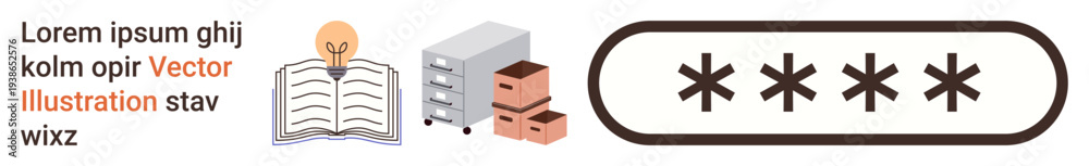 Obraz premium Digital security, data storage, password management, knowledge sharing, technology access, database systems. Stacked server, open book with lightbulb and secured password symbol. Digital security