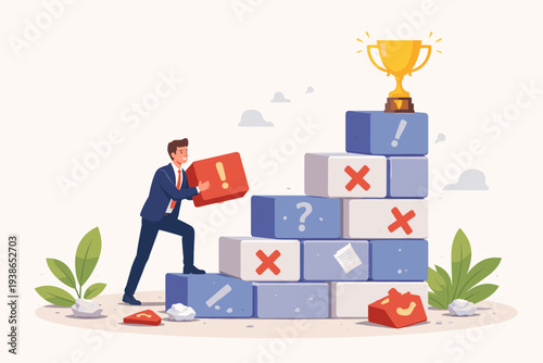 Businessman Building Staircase to Success with Blocks Representing Challenges and Failures to Reach a Gold Trophy, Concept of Persistence, Motivation, Career Growth, and Overcoming Obstacles