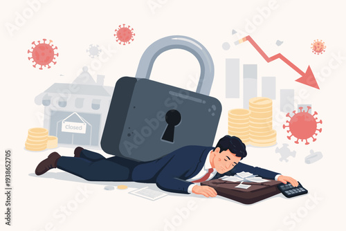 Businessman Crushed by Giant Padlock Symbolizing Economic Crisis and Business Failure During Coronavirus Pandemic Lockdown, Financial Debt, Unemployment, and Global Market Recession Concept