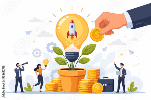 Startup Crowdfunding and Venture Capital Investment Concept with Giant Hand Putting Coin into Lightbulb Plant with Rocket. Business People Supporting Innovation, Financial Growth, and New Ideas.