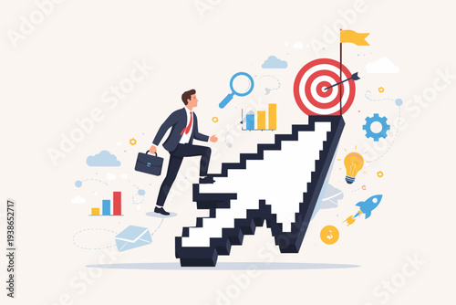 Businessman in suit climbing a pixelated cursor arrow shaped like stairs to reach a bullseye target, representing digital marketing strategy, business transformation, SEO growth, and career success.