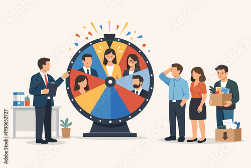 Recruitment and Hiring Process Concept with Manager Selecting a Candidate Using a Wheel of Fortune, Employee Layoff and Job Search Illustration, Human Resources Talent Selection Strategy.
