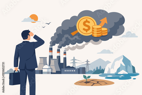 Carbon tax and CO2 emission cost concept with businessman looking at industrial factory pollution causing global warming, climate change, melting icebergs, and drought in flat vector style.