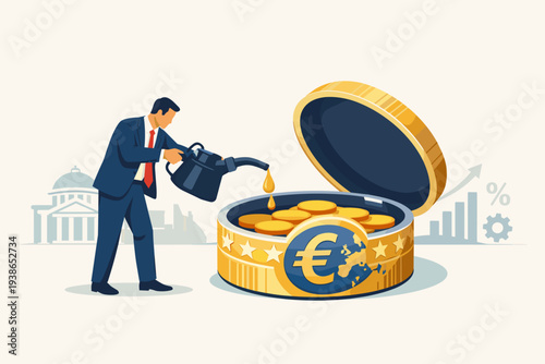 Professional banker pouring liquid into a Euro currency container with gold coins, representing European Union monetary policy, central bank economic intervention, and financial growth strategy.