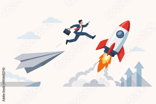 Ambitious businessman jumping from a paper plane to a powerful rocket ship, symbolizing career change, business innovation, professional growth, startup success, and moving to a better path.