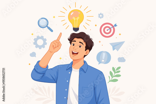 Young Man Having a Eureka Moment Discovering New Idea or Creative Solution to Solve Problem, Business Insight, Inspiration and Innovation Concept with Light Bulb, Target, and Search Icons Vector