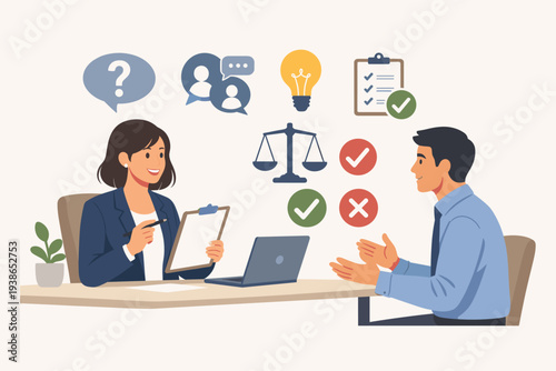 Professional job interview with female recruiter and male candidate. Symbols for questioning, brainstorming, evaluation, and decision making. Recruitment process and career hiring concept vector.