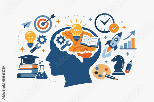 Concept of learning new skills and gaining knowledge for success. Human head silhouette with brain and icons for education, creativity, science, strategy, time management, and productivity.