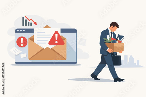 Sad businessman carrying a box of office supplies after being fired or laid off. Background shows a layoff email notification with warning icons and a falling economic chart. Job loss concept.