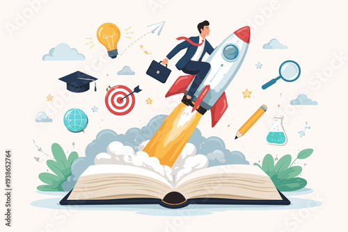 Professional businessman riding a rocket launching from an open book with icons for education, science, and goals. Concept for career growth, lifelong learning, innovation, and startup success.