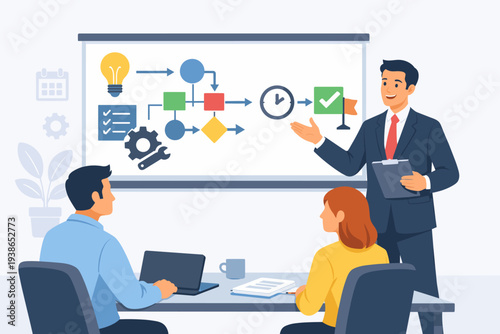 Professional businessman presenting a detailed workflow process and project planning sequence on a whiteboard to a team in an office meeting for company strategy and standard procedures.
