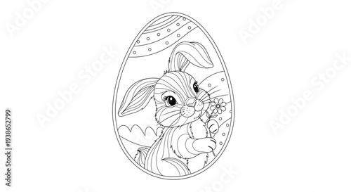 Bunny face inside a large egg shape for a coloring page.