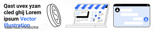 Online shopping, e-commerce, digital payment, website design, messaging platforms, and user interactions. A storefront webpage, digital coin icon and chat interface. E-commerce and online