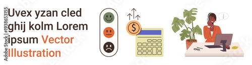 Customer feedback, financial planning, office workspace, productivity, communication, business analysis. Businesswoman working at a desk with rating scale, calculator, and money growth symbol