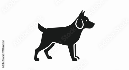 Black silhouette of a dog standing on a white background with its tail up