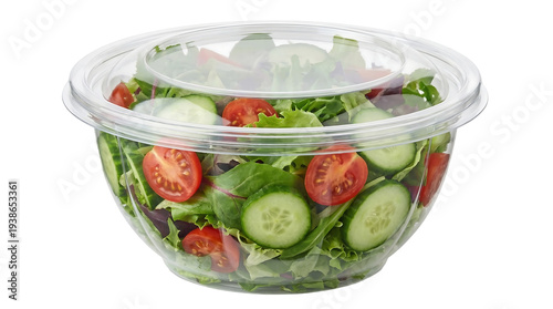 Fresh salad in a clear plastic container viewed from the front with mixed greens, tomatoes, and cucumbers.