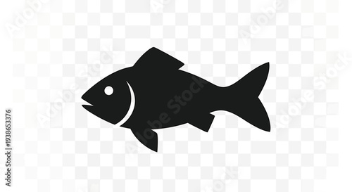Black silhouette of a single fish with a white eye and fins facing left on a transparent background