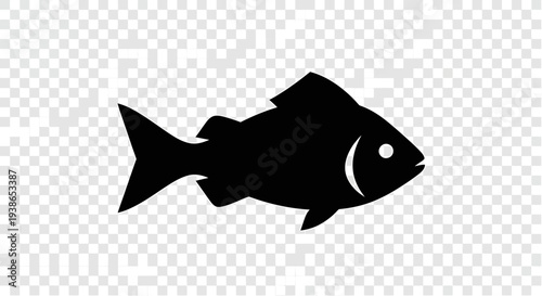 Black silhouette of a fish with a white eye and fins facing right on a transparent background