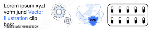 Cybersecurity, VPN services, data protection, online privacy, technology, network security. VPN shield, gears and server icons. Cybersecurity and VPN services concept
