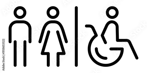 Restroom icon collection featuring male, female and disabled symbols. WC line pictograms in editable stroke vector format. Public toilet signage isolated.