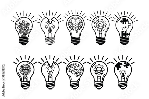 Illustration of ten light bulbs with various brain designs