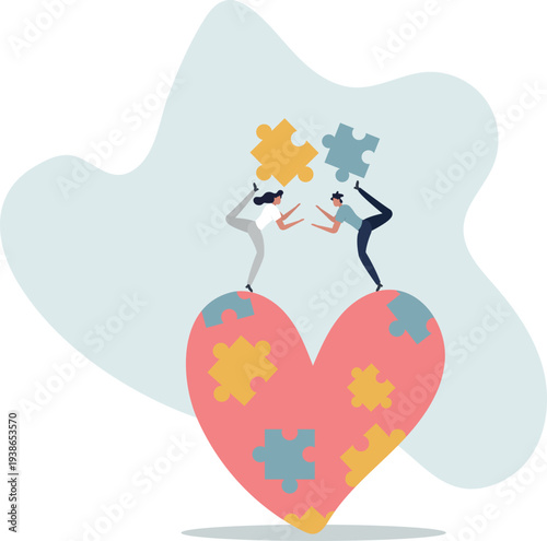 Charity project, non profit organization .Cartoon tiny volunteers fit puzzles into heart.person's life situation and his activities.