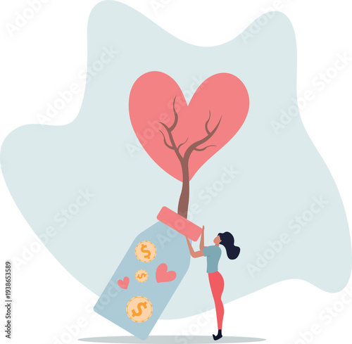 volunteer holding growing plant with heart. Assistance and protection, hope, love and support concept.person's life situation and his activities.
