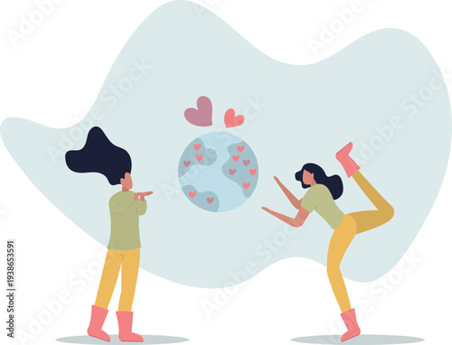 Cartoon tiny people donate love and hearts to world on globe of Earth.person's life situation and his activities.