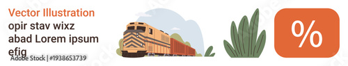 Transportation, logistics, economy, freight, discount promotion, travel industry. A freight train, green plants and a percentage sign. Transportation and logistics
