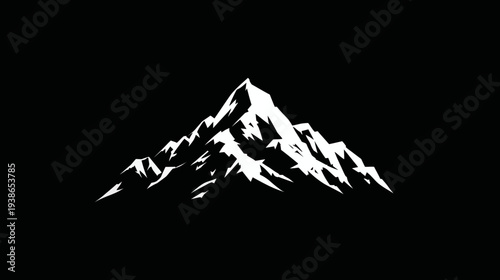 A monochrome illustration showcasing a stylized mountain range set against a solid black backdrop