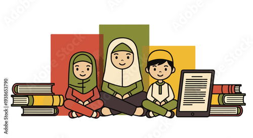 Muslim family reading together, embracing traditional books and modern e-readers for education and knowledge.
