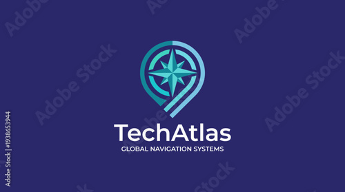 A modern logo design that symbolizes global navigation, incorporating elements of a compass and digital technology, ideal for a tech company focused on navigation solutions.