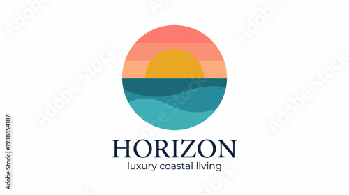 The Horizon logo embodies luxury coastal living, featuring a serene sunset and ocean waves that evoke a sense of tranquility and upscale seaside lifestyle design.