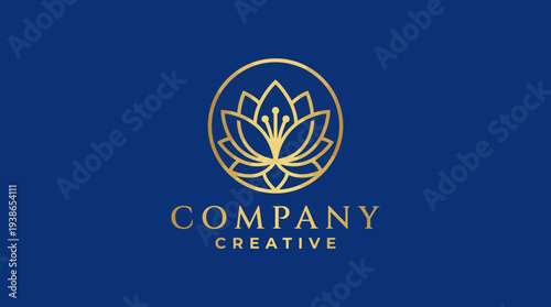 A refined and stylish logo featuring a lotus flower which represents creative growth and beauty, set against a luxurious blue background reflecting professionalism.