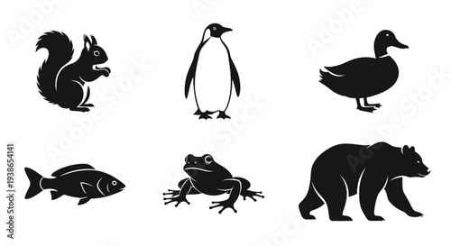 Diverse Animal Silhouettes Vector Art: Black Icons of Squirrel, Penguin, Duck, Fish, Frog, and Bear for Nature, Wildlife, and Outdoor Themes