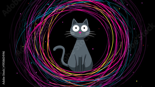 A gray cat sits within a colorful swirl against a black backdrop, with bright, cartoonish features