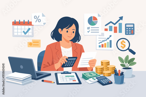 Professional female accountant calculating taxes and managing financial documents in office with charts, graphs, money, and laptop. Business accounting, bookkeeping, and budget planning concept.