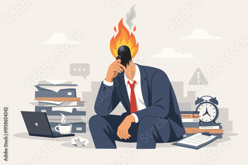 Overworked businessman experiencing burnout with head on fire, feeling exhausted and tired from heavy workload, mental health crisis, professional stress, anxiety and depression concept.