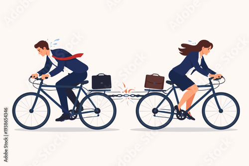 Business conflict and disagreement concept with businessman and businesswoman riding bicycles in opposite directions, breaking the chain of partnership, cooperation, and teamwork failure.