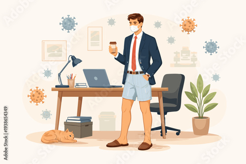 Businessman working from home during COVID-19 pandemic wearing a suit jacket, tie, and face mask with shorts and slippers, representing the new normal of remote work and video call fashion.