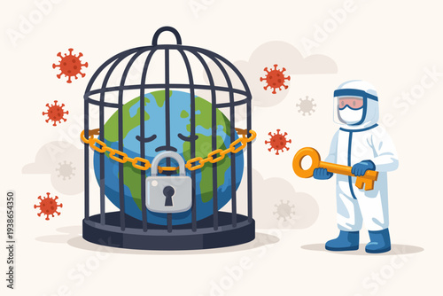 Vector Illustration of Earth Trapped in a Cage with Padlock and Chain During COVID-19 Lockdown, Medical Worker in Hazmat Suit Holding a Golden Key to Unlock the World from the Global Pandemic.