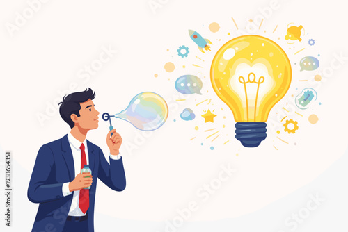 Businessman in a suit blowing a soap bubble that transforms into a glowing light bulb representing a creative business idea, innovation, entrepreneurship, and problem-solving with various icons.
