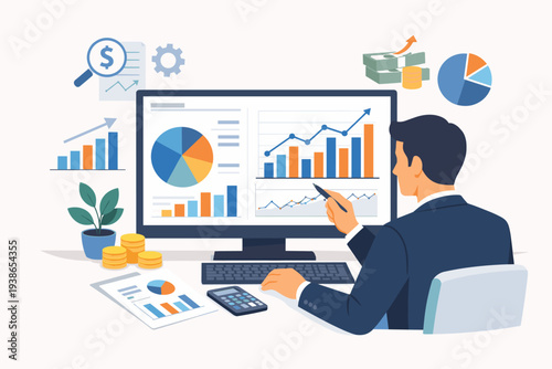 Professional financial analyst working on a computer dashboard with bar charts, pie graphs, and line diagrams for business growth, investment strategy, economic data, and budget management.