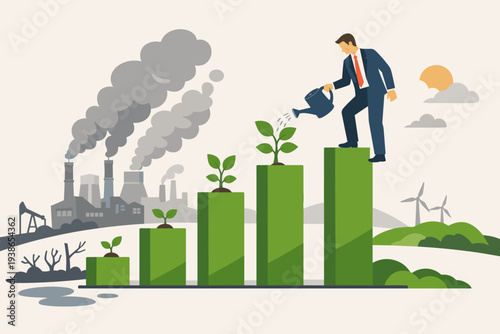 Businessman watering green plants on a rising growth chart bar graph representing ESG investment, sustainable development, and environmental policy transition from industrial pollution to green.