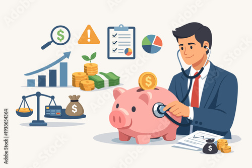 Businessman using a stethoscope to perform a financial checkup on a piggy bank, analyzing wealth growth, debt, and expenses with charts and money icons for effective personal finance management.