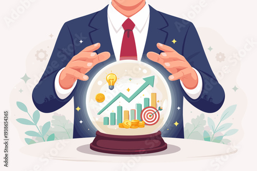 Businessman in a suit predicting future market trends with a crystal ball showing growth charts, upward arrows, gold coins, and a lightbulb, representing business forecasting and investment success.